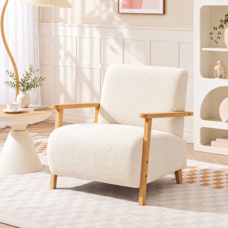 HOMCOM Sillón Nórdico de Borreguito Acolchado Grueso y Patas de Madera Asiento Amplio para Salón Dormitorio 74,5x76x78 cm Crema