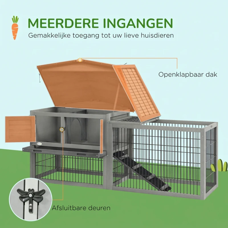 PawHut Kleine Dierenverblijf met Buitenren Caviaverblijf Grijze Open Ruimte