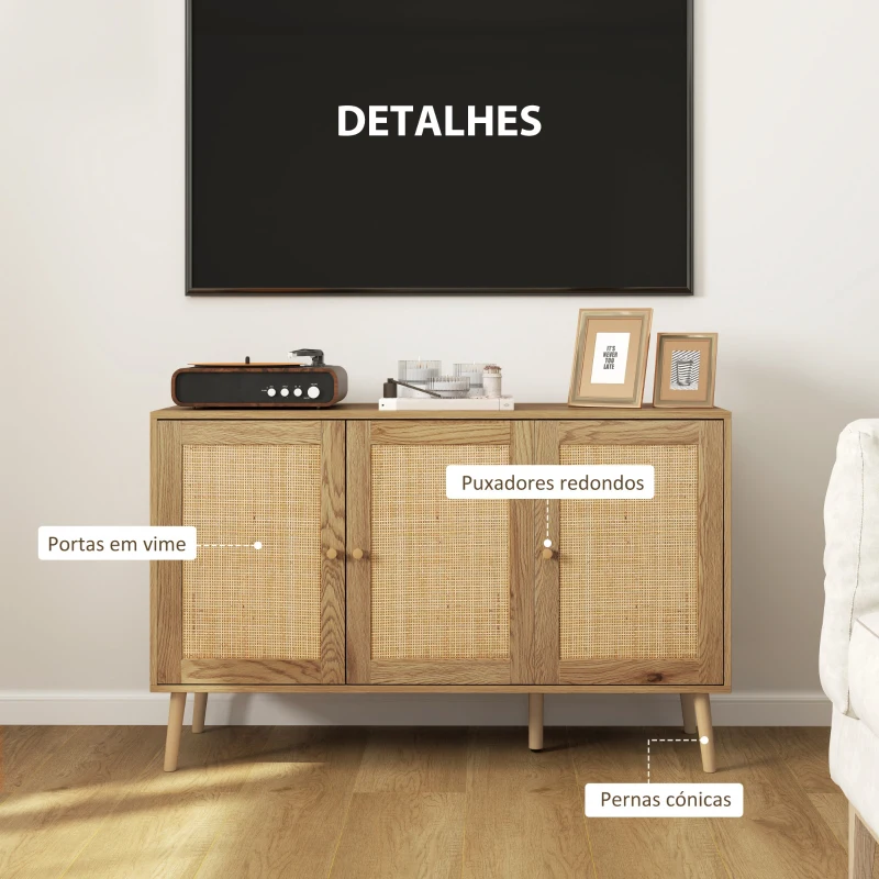 HOMCOM Aparador para Sala de Estar com 3 Portas em Vime Aparador Estilo Boémio, com Prateleiras Ajustáveis 120x40x75 cm Madeira
