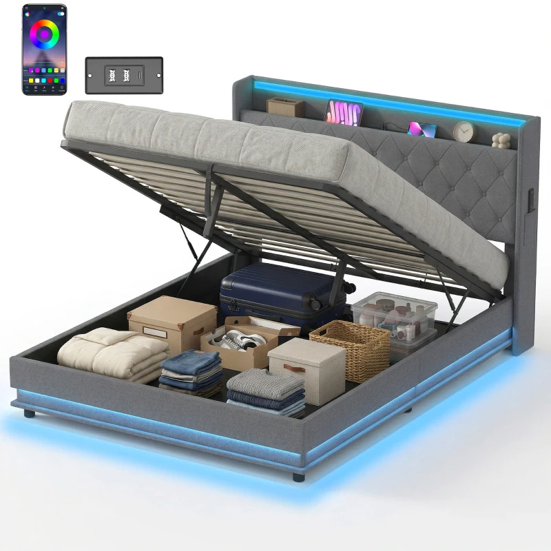 HOMCOM 5ft King Bed Frame with Headboard, Platform Bed Frame with Hydraulic Storage, LED Lights and Charging Station, Grey