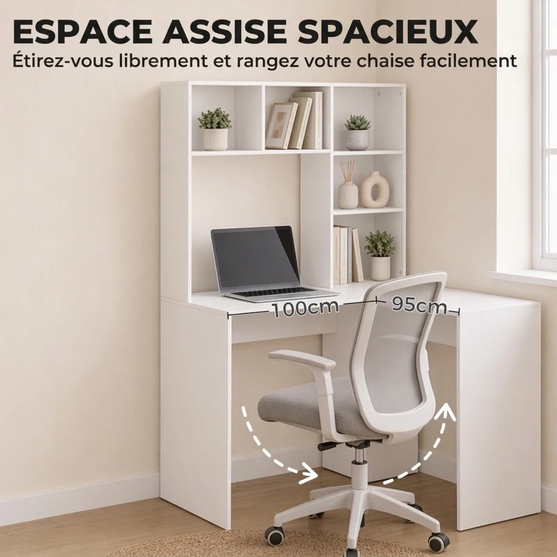HOMCOM Bureau d'Angle, 108 x 100 x 153 cm, Bureau Informatique en L avec Support pour Écran, Compartiments Ouverts, Blanc