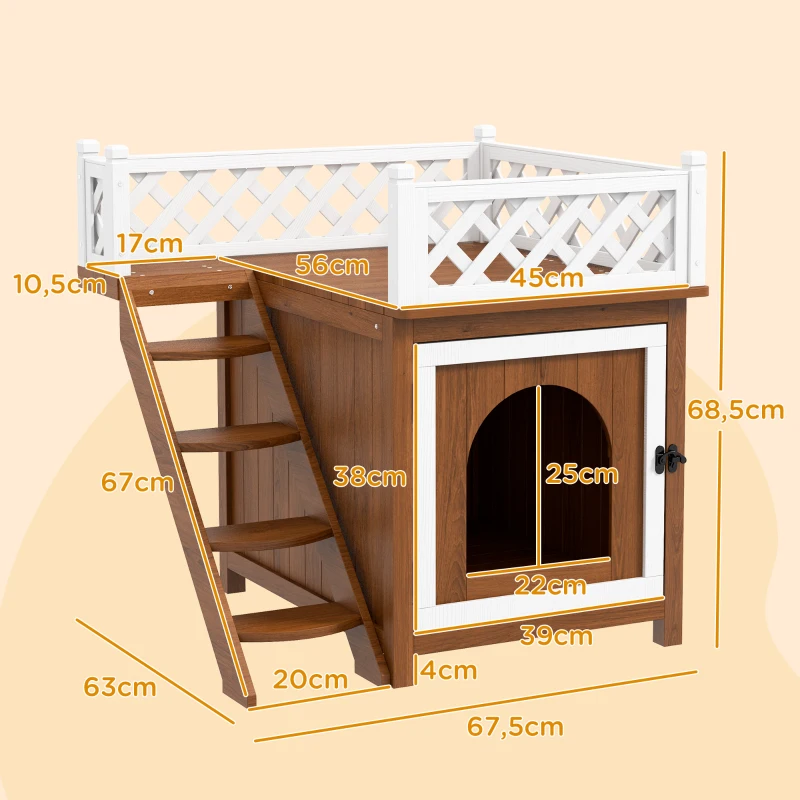 PawHut Kattenhuis, Tweelaags met Balkon en Trap, Voor Binnen en Buiten, Voor Katten en Konijnen, Sparrenhout, Bruin