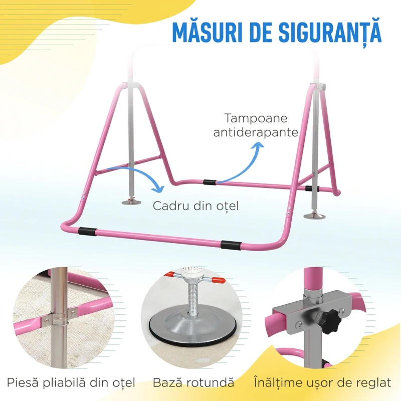 HOMCOM Bară de tracțiuni pliabilă pentru copii 3-8 ani, cu înălțime reglabilă din oțel, 154x106.2x88.5-128.5cm, roz