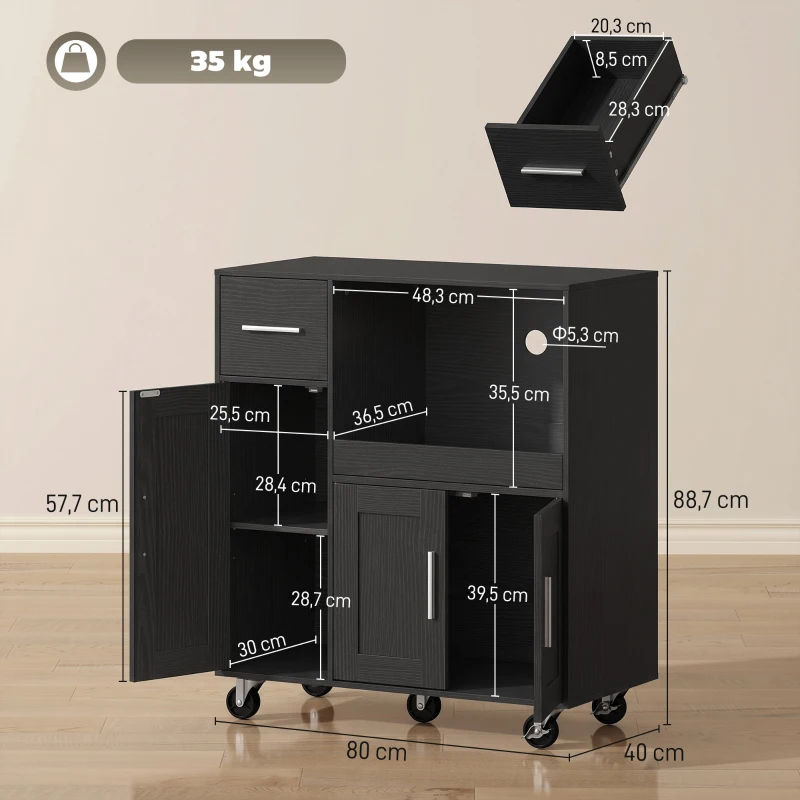 HOMCOM Mikrowellenmöbel aus Holz mit Schublade, 2 Schränken, offener Ablage und verstellbarem Regal, 80x40x88.7 cm, Schwarz