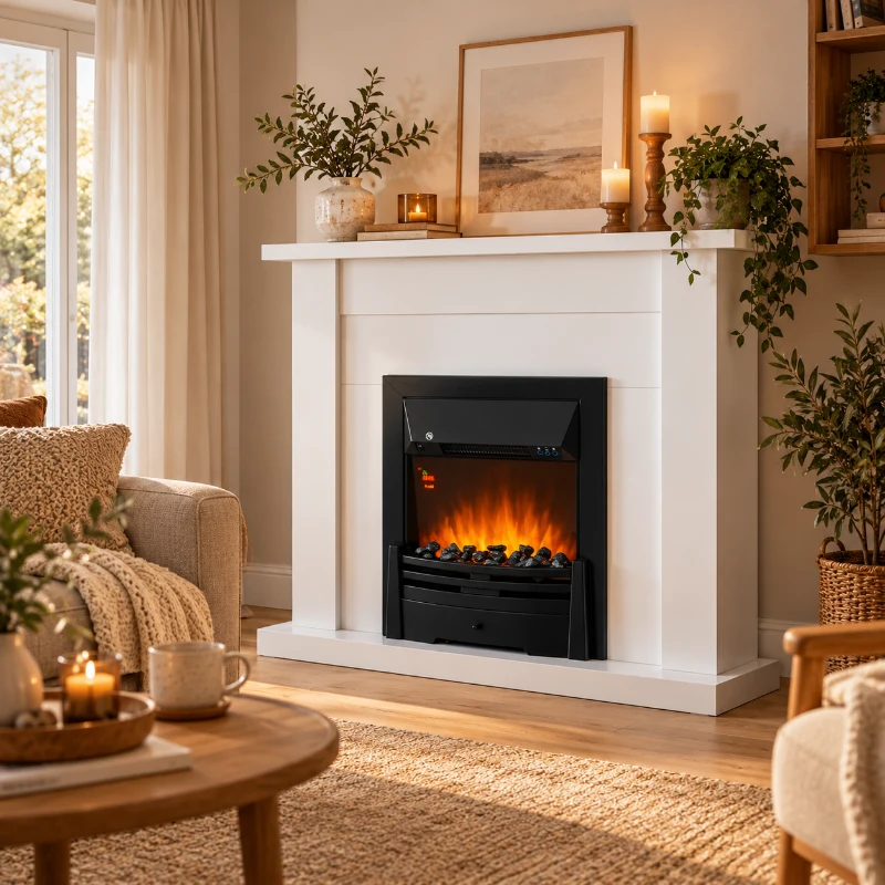 HOMCOM Elektrische haard, 2 vermogensinstellingen, afstandsbediening, timer, realistisch vlam effect, Zwart+Wit(m-2)