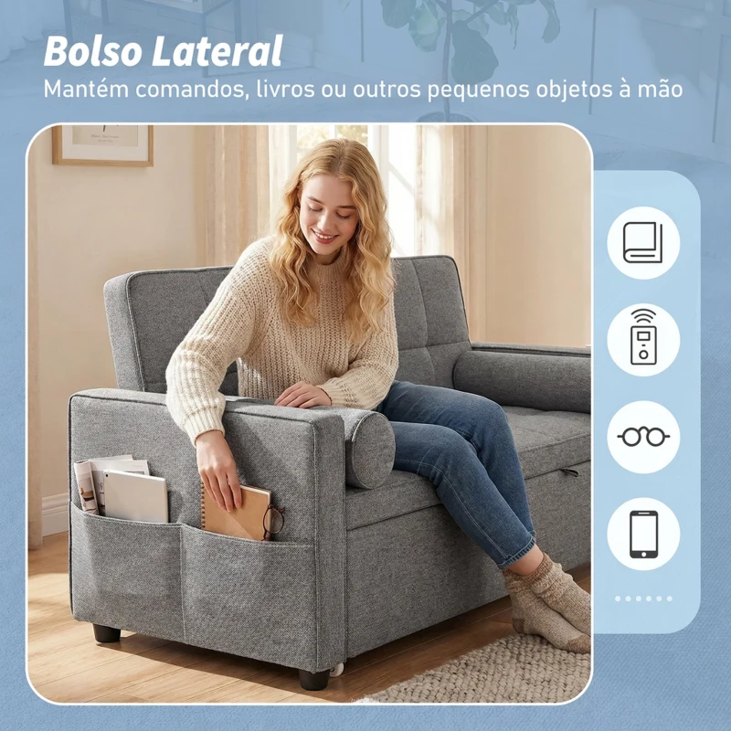 HOMCOM Sofá-Cama 2 Lugares 3 em 1 Deslizante em Tecido Linho com Encosto Ajustável Bolsos 2 Almofadas para Sala de Estar Cinzento