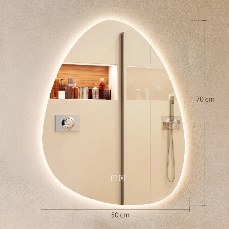 HOMCOM Oglindă de baie cu LED, 3 culori, 50x70 cm, neregulată, Bluetooth, anti-aburire, touch