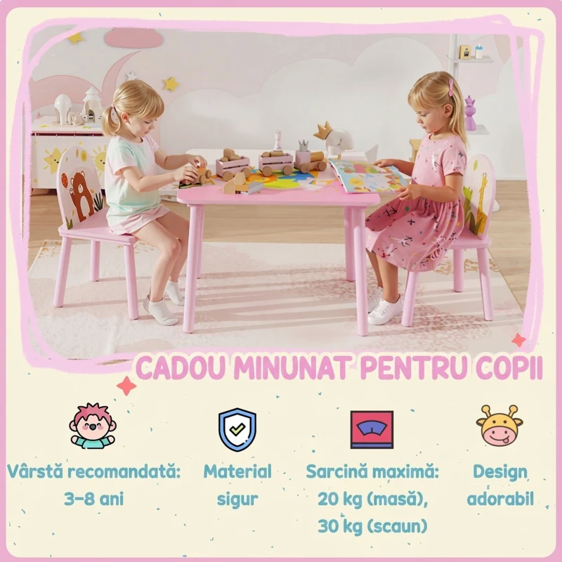 AIYAPLAY Set masă și scaune pentru copii 3-8 ani, cu motive animale și margini rotunjite, din MDF și lemn de pin, roz