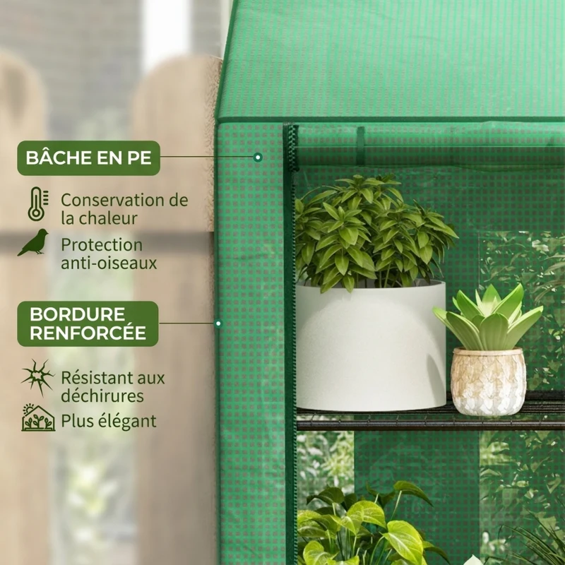 Outsunny Mini Serre de Jardin 3 Niveaux avec Bâche en Plastique, 2 Portes Enroulables, 6 Étagères, 143x46x151cm, Vert