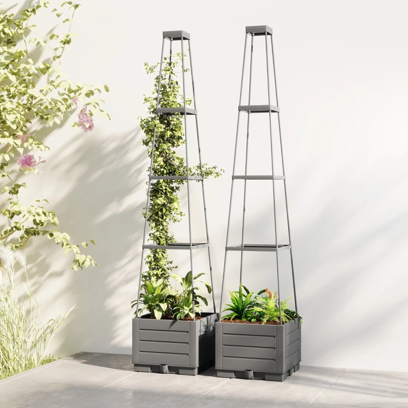 Outsunny 2 Pack Raised Garden Bed with Trellis, Plastic Outdoor Planter Box with Removable Drainage Tray