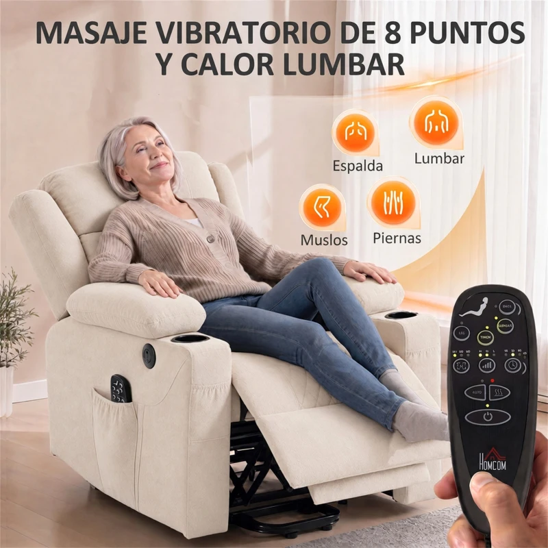 HOMCOM Sillón Relax Reclinable Eléctrico Levanta Personas con 8 Puntos Masaje y Calor Lumbar Puerto USB Mando Reposapiés Crema