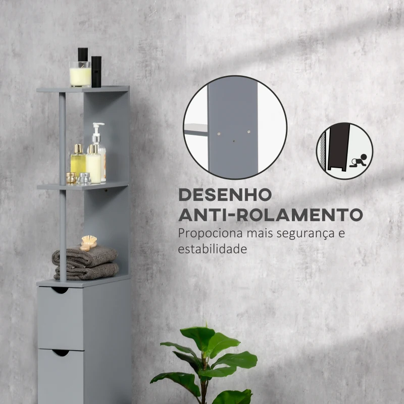 HOMCOM Coluna de Casa de Banho Moderno Móvel Auxiliar com 2 Prateleiras, 2 Gavetas e 1 Porta Anti-queda 15x33x136,8 cm Cinzento