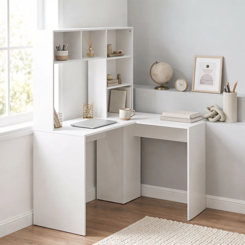 HOMCOM Bureau d'Angle, 108 x 100 x 153 cm, Bureau Informatique en L avec Support pour Écran, Compartiments Ouverts, Blanc