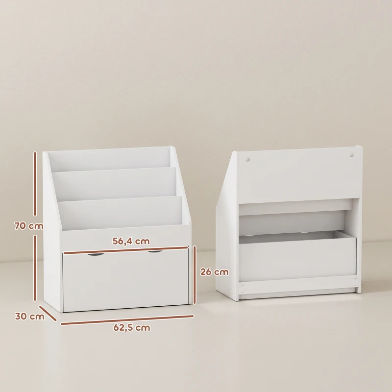 AIYAPLAY Librería Infantil de 4 Niveles Estantería para Libros Infantil con 3 Estantes y 1 Cajón con Ruedas 62,5x30x70 cm Blanco