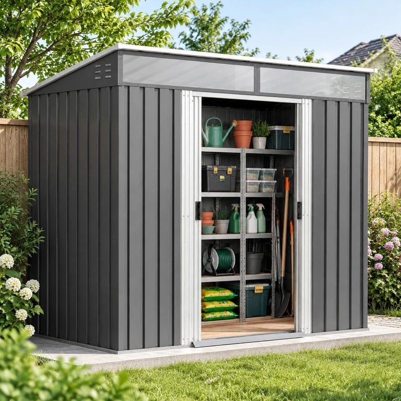 Outsunny Abrigo de Jardim 2 m² 195x122x181,5 cm Abrigo de Armazenamento Metálico com Porta de Correr e 2 Janelas Cinza Escuro
