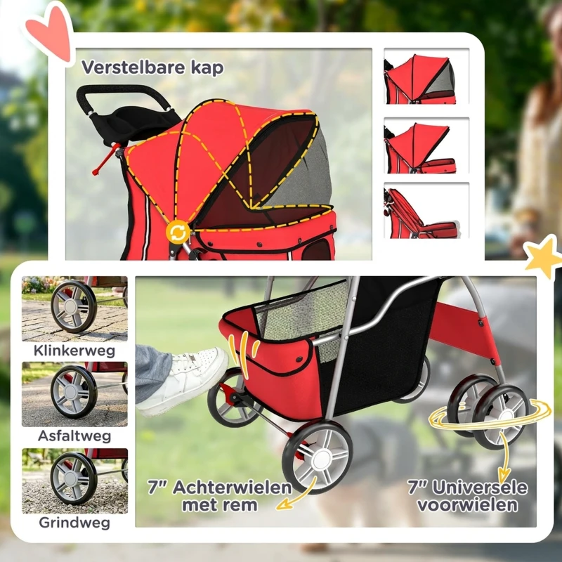 PawHut Hondenwagen Inklapbaar Hondenbuggy met Reflecterende Strepen Opbergmand Kussen voor kleine honden tot 10 kg 77x44x102cm Rood