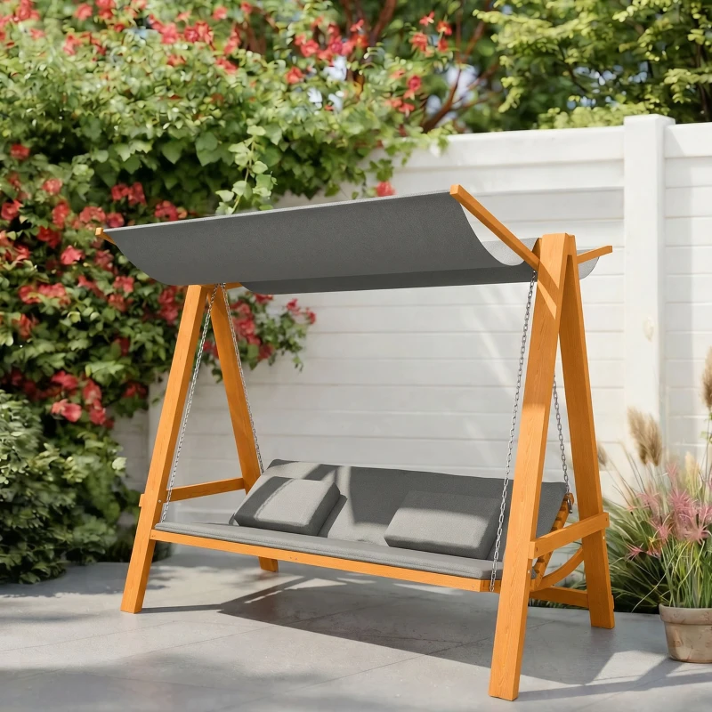 Outsunny hangmatschommel met bedfunctie 3-zits tuinschommel met dak ligbed tuinbank Lariks hout polyester grijs + teak 225.5 x 113 x 180 cm