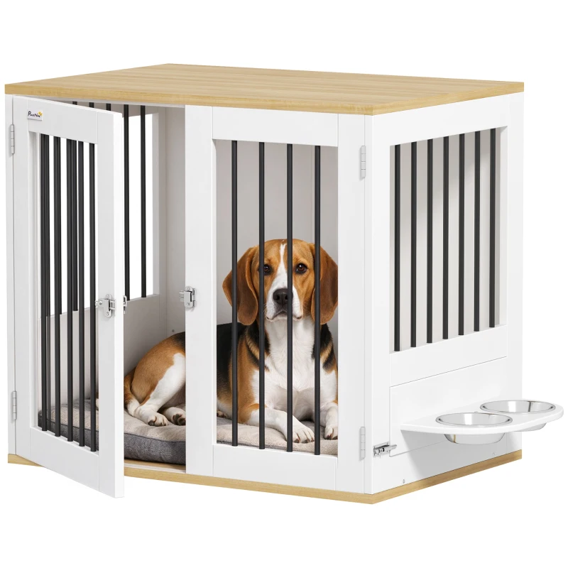 PawHut Cage pour chiens, table d'appoint, gamelles amovibles rotatives à 360° 2 portes pour chien moyenne 80x55x71,5cm blanc