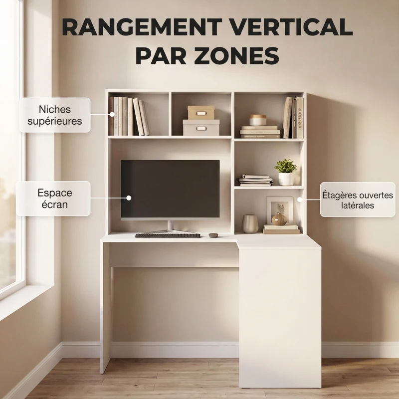 HOMCOM Bureau d'Angle, 108 x 100 x 153 cm, Bureau Informatique en L avec Support pour Écran, Compartiments Ouverts, Blanc
