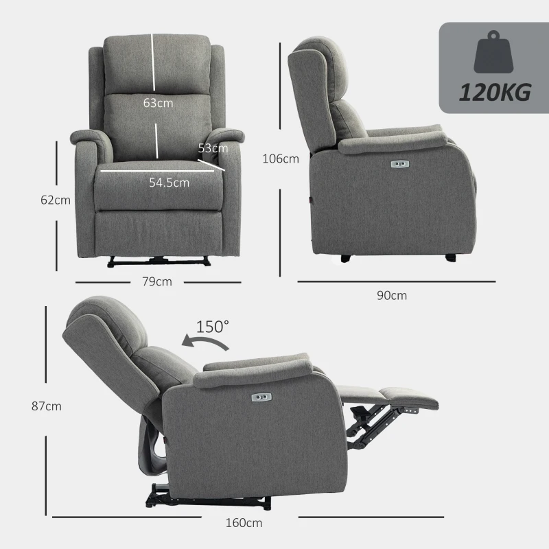 HOMCOM Fotoliu Relax Electric Reclinabil cu Port USB, Gri Închis