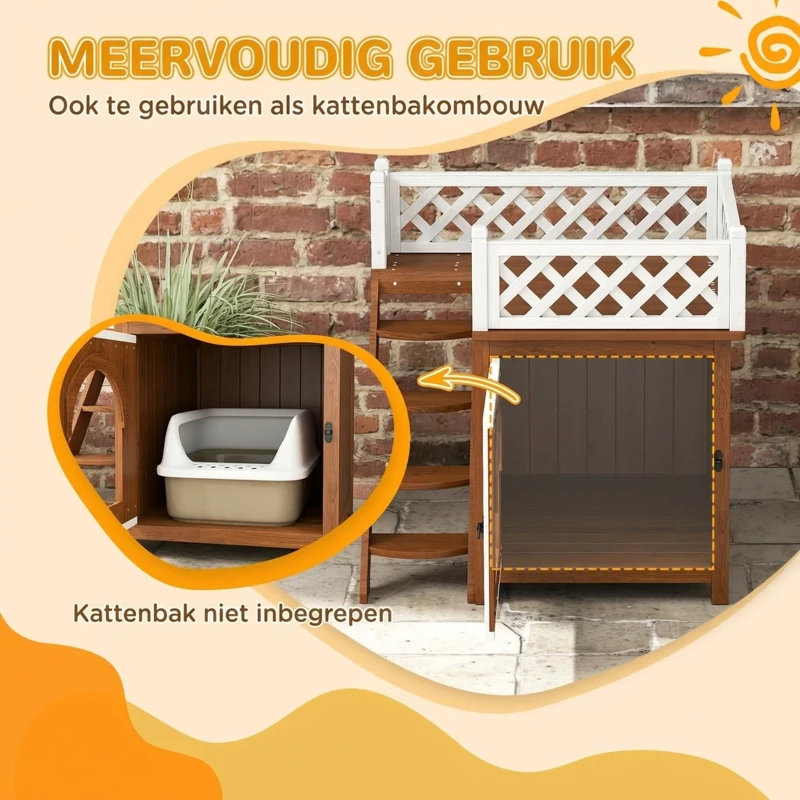 PawHut Kattenhuis, Tweelaags met Balkon en Trap, Voor Binnen en Buiten, Voor Katten en Konijnen, Sparrenhout, Bruin