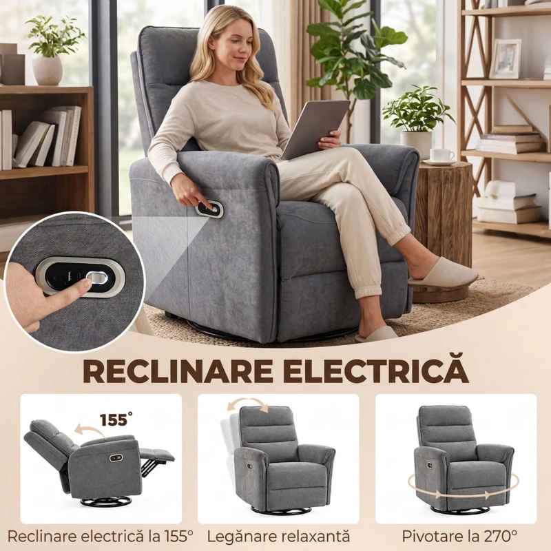 HOMCOM Fotoliu relax electric 155° cu suport pentru picioare, tapițat, rotire 270°, balansoar, șenilă, gri