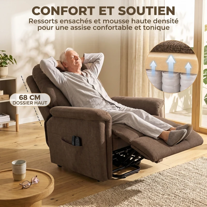 HOMCOM Fauteuil Releveur Électrique Massage et Chaleur Fauteuil Relax Électrique Velours Port USB Dossier Inclinable Marron
