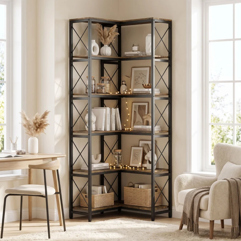 HOMCOM Bibliothèque d'angle à 6 niveaux, meuble de rangement en métal pour salon, chambre, bureau, 60x60x200cm, brun rustique