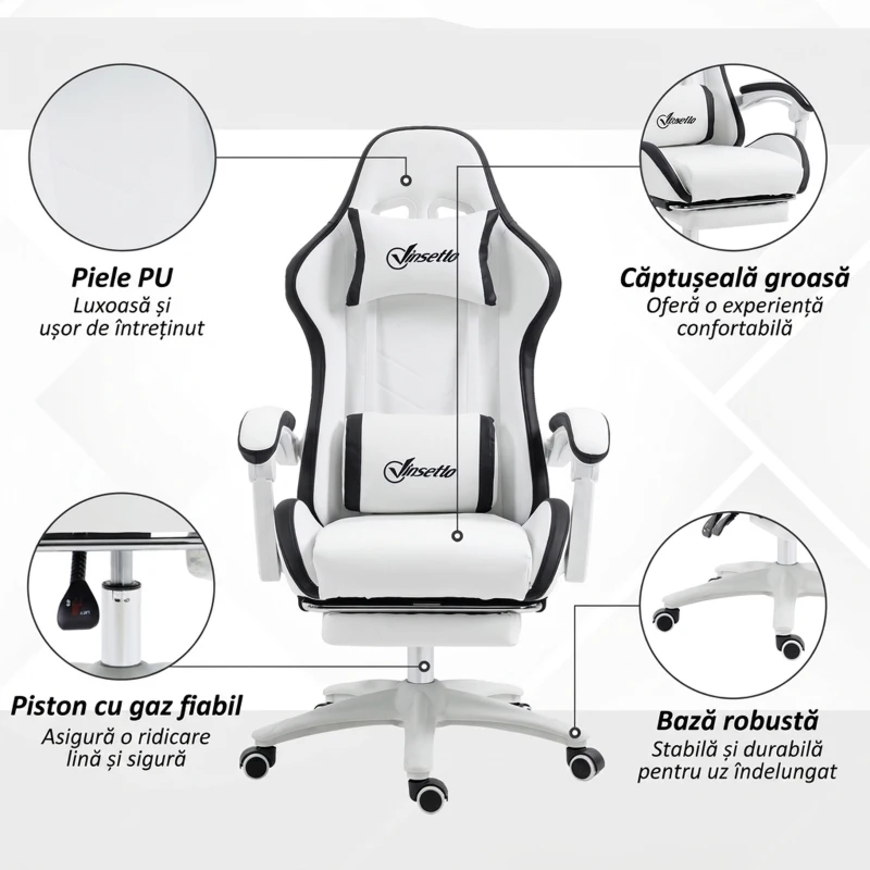 Vinsetto Sedia da Gaming con Altezza Regolabile e Schienale Reclinabile, 65x65x121-129 cm, Bianco e Nero