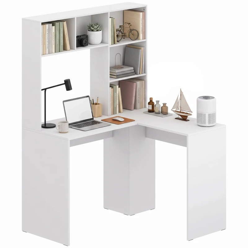 HOMCOM Bureau d'Angle, 108 x 100 x 153 cm, Bureau Informatique en L avec Support pour Écran, Compartiments Ouverts, Blanc