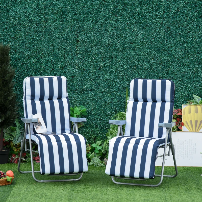 Outsunny Tuinstoel 2x Inklapbaar 60x75x104cm, Verstelbare Rugleuning, 5 Standen, Blauw Wit
