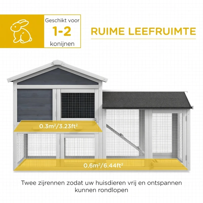 PawHut Kleindierhok met ren, vurenhout, 147 x 54 x 84 cm, Grijs(m-5)