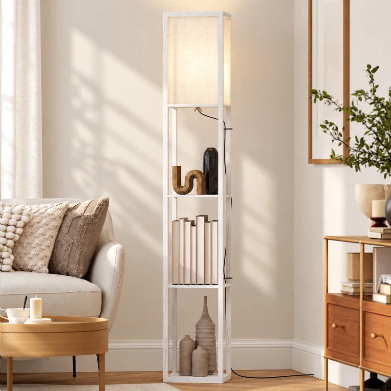 HOMCOM Stehlampe mit Regalen, Stehleuchte, Holz, 26 x 26 x 160 cm, für Wohn-/Schlafzimmer (Ohne Glühbirne)