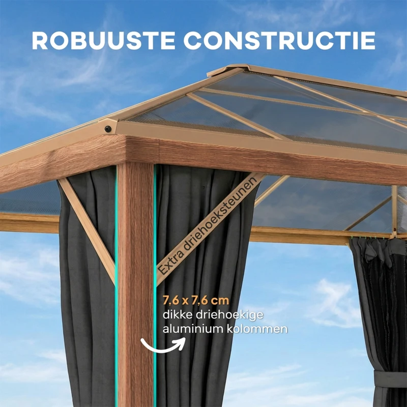 Outsunny Tuinpaviljoen ca. 4x3m aluminium paviljoen met polycarbonaat dak 6 mm muggennet 4 zijpanelen houtlook natuurlijk hout