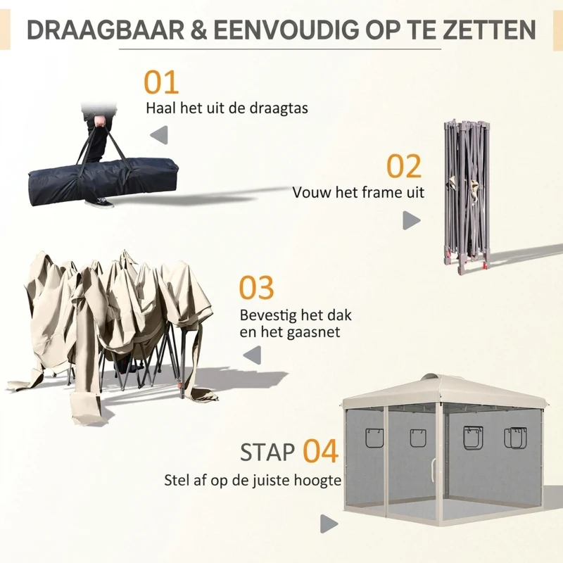 Outsunny Opvouwbare paviljoen met verstelbare hoogte, netgordijnen, draagtas, metalen frame, 3 x 3 x 3 m, Beige