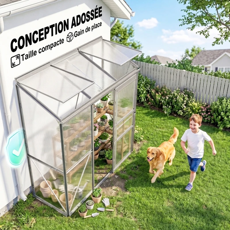 Outsunny Serre adossée serre de jardin fenêtres ouvrables à 5 niveaux panneau en PC cadre aluminium 192 x 68 x 196 cm transparent(m-4)
