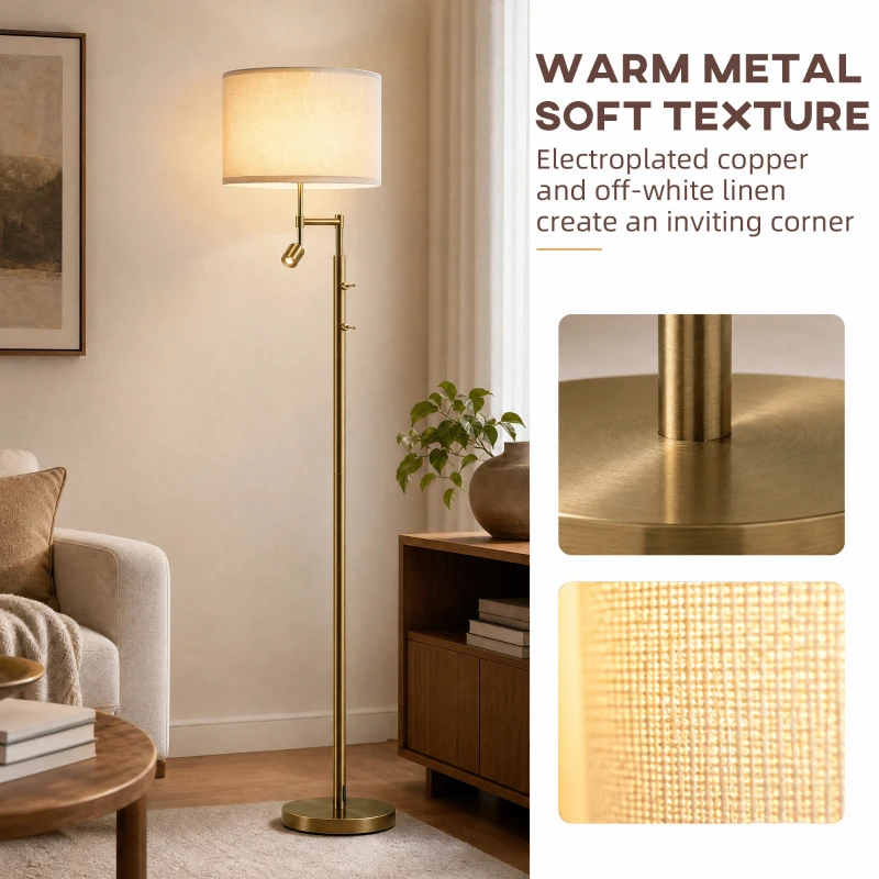 HOMCOM Modern Floor Lamp with Built-In Reading Light, Standing Lamp with Independent Switch, Copper