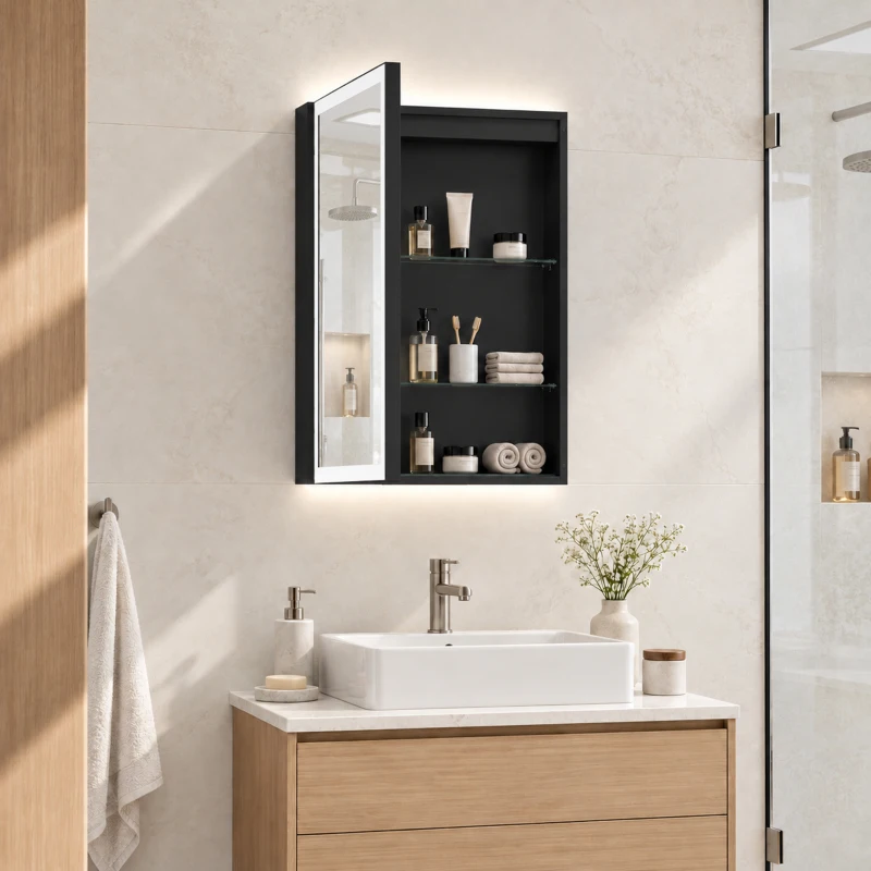 HOMCOM Dulap de Baie cu Oglindă și LED, 3 Culori, 50x70 cm, Soft-Close, Priză, Rafturi Reglabile, Negru