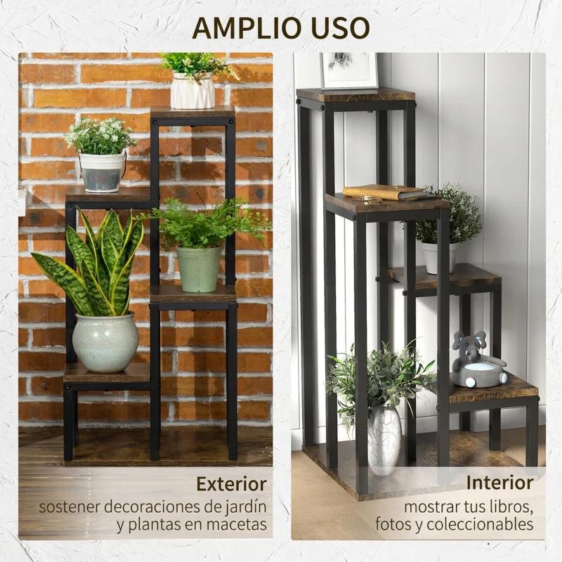 Outsunny Soporte para Plantas de Madera de 4 Niveles con Base Soporte para Macetas para Interior y Exterior 40x40x81 cm Marrón