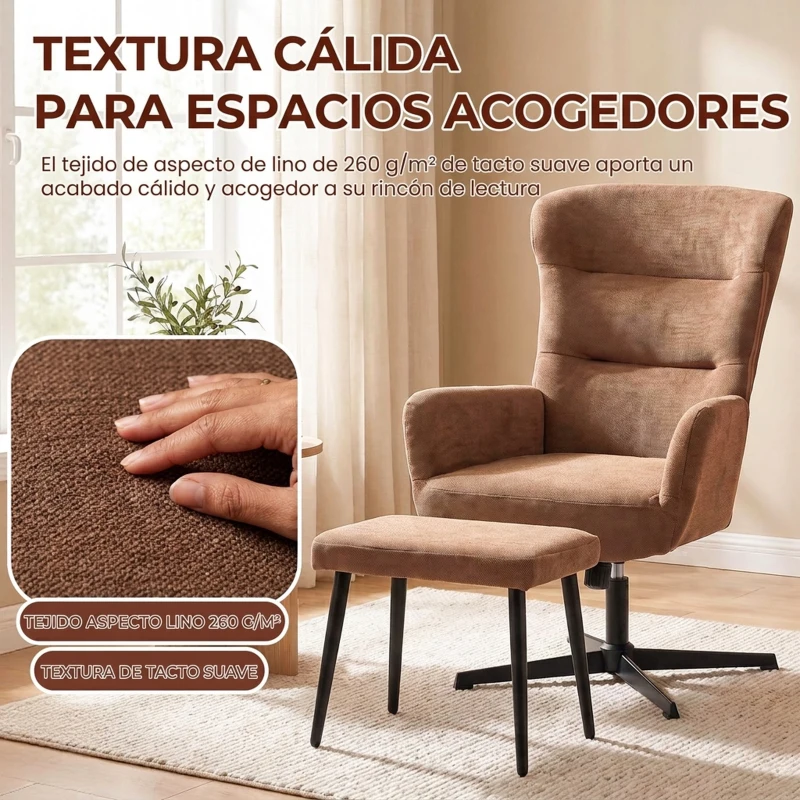 HOMCOM Sillón Relax de Lino con Reposapiés Butaca de Salón Giratorio 360° Basculante Respaldo Alto Marrón
