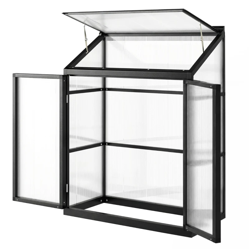 Outsunny 4 x 2ft Polycarbonate Greenhouse, Quick Setup, Lean-to Green House with 2 Hinged Doors, Top Vent, Black
