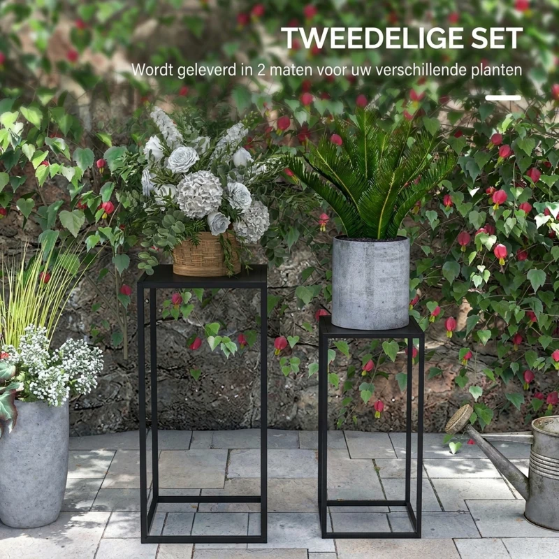 Outsunny Bloemstandaard, 2-Delige Set, Scandinavisch Ontwerp, Metalen Frame, 58,5/65cm Hoogte, Zwart