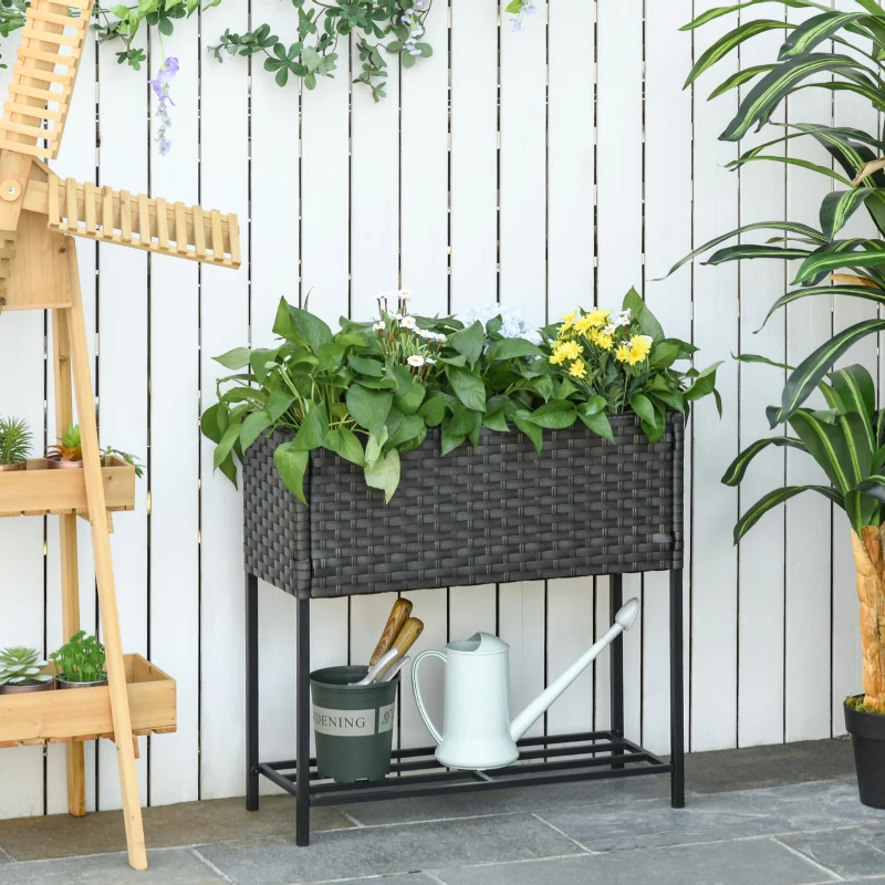 Outsunny® verhoogd bed, bloembak, bloempot met plank, irrigatie, rotan bruin 70 x 30 x 72 cm | Aosom.de