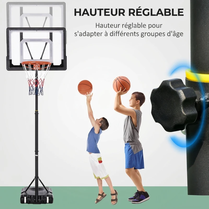 HOMCOM Panier de Basket Extérieur, Hauteur Réglable, Portable à Roulettes, Base Stable Remplissable, 83x45x260cm, Noir