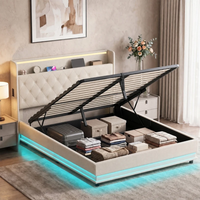 HOMCOM 5ft King Bed Frame with Headboard, Platform Bed Frame with Hydraulic Storage, LED Lights and Charging Station, White