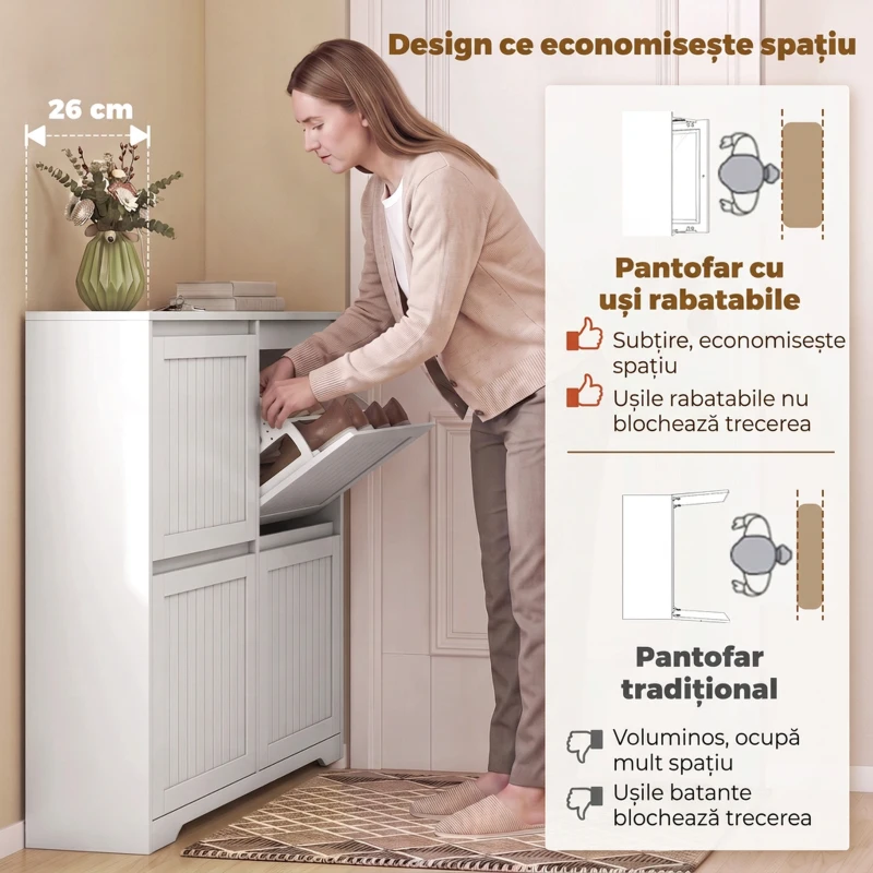 HOMCOM Pantofar slim cu 4 uși rabatabile, pentru 16 perechi, rafturi reglabile, 114,6x26x87,1 cm, alb