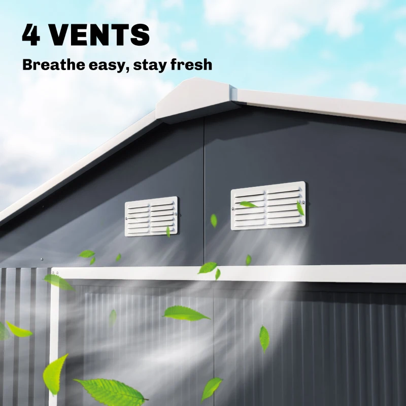 Outsunny Abri de jardin 8,3 m² 322 x 277 x 192 cm kit de fondation incluse porte coulissante ventilations tôle acier gris foncé