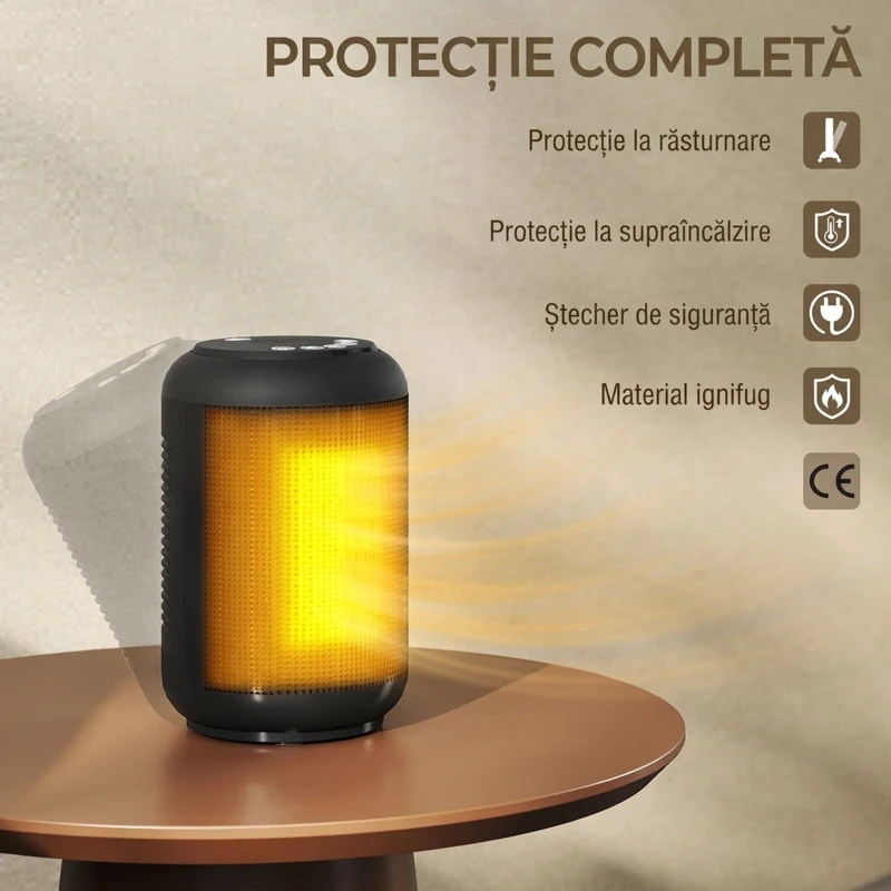 HOMCOM Încălzitor electric reglabil cu 3 moduri și timer 24h, din PP și PA ignifug, 14x14x21,5 cm, negru