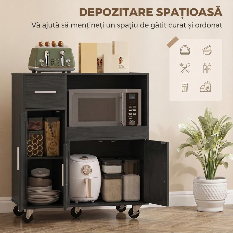 HOMCOM Dulap pentru Microunde din Lemn cu Sertar, 2 Dulapuri, Raft Deschis și Raft Reglabil, 80x40x88,7 cm, Negru