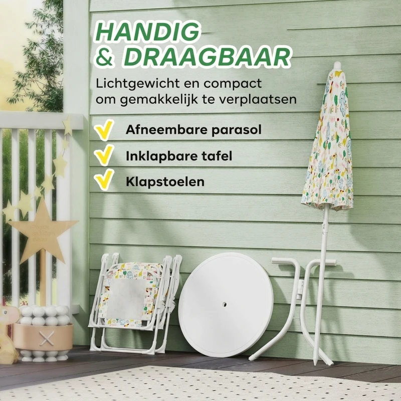 AIYAPLAY Kinderzithoek, Inklapbare Stoelset met Parasol, Kleurrijk Patroon, Wit